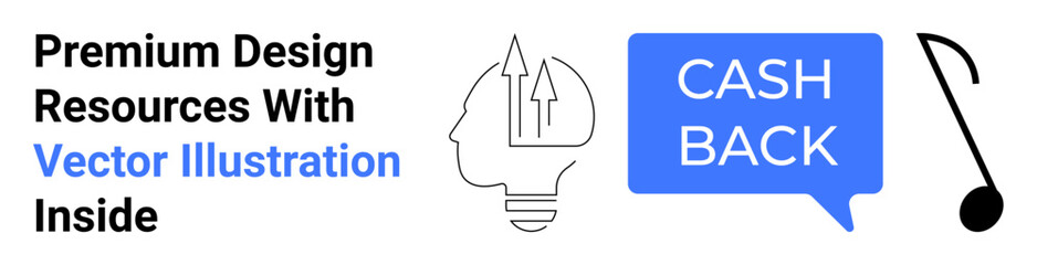 Human head outline with arrows symbolizing ideas, speech bubble with cash back text, and musical note icon. Ideal for creativity, savings, design tools, innovation, marketing, education flat landing