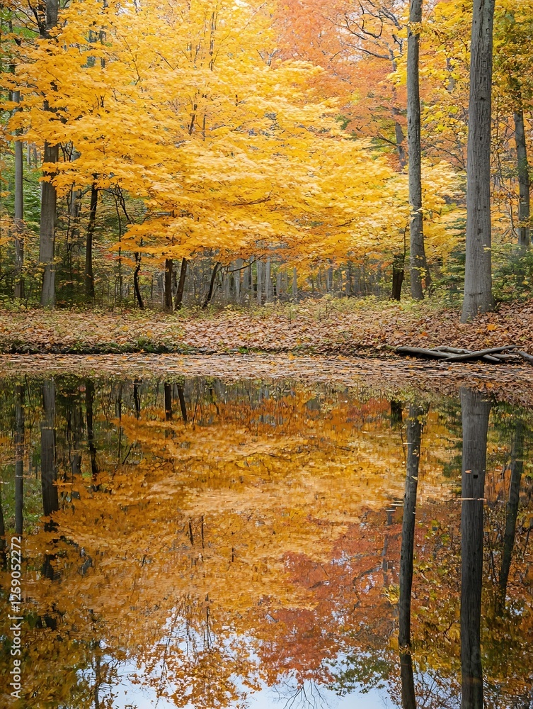 Poster stunning autumn scenery with colorful yellow leaves reflecting in a serene calm lake surrounded by t