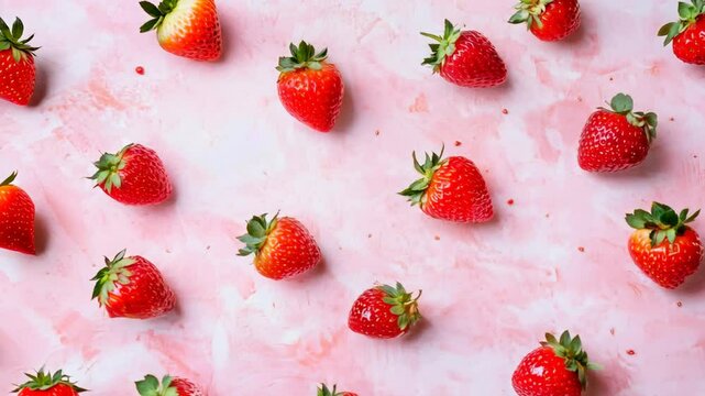 A vibrant background of scattered ripe strawberries on a light pink surface, with small green leaves adding a fresh touch.