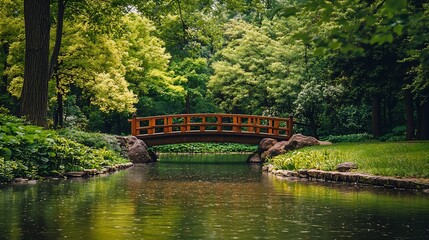 Obraz premium Scenic Tranquil Park with a Wooden Bridge and Lush Green Surroundings : Generative AI