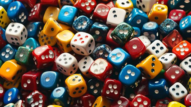 A seamless spread of playing dice from board games, tightly arranged to fill the entire frame with their numerical texture and bright, bold colors.
