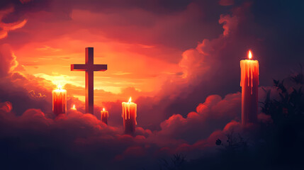 Glowing candles and a cross shine softly in the clouds, symbolizing eternal rest on all souls' day. Eternal Dusk. Illustration