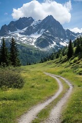 Serene mountain landscape with lush greenery and winding path under cloudy blue sky : Generative AI