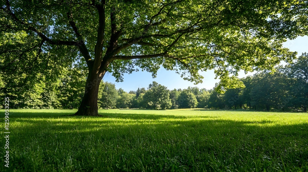Poster lush green meadow with a majestic tree casting a gentle shadow under a clear blue sky : generative a