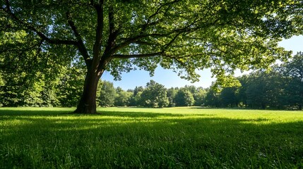 Fototapeta premium Lush Green Meadow with a Majestic Tree Casting a Gentle Shadow Under a Clear Blue Sky : Generative AI