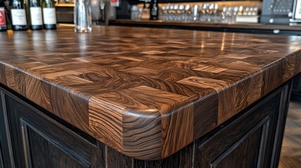 Walnut butcher block countertop, wine bar background, close-up detail, commercial use