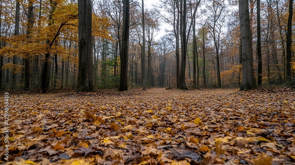 Poster autumn forest landscape with colorful fallen leaves and trees : generative ai