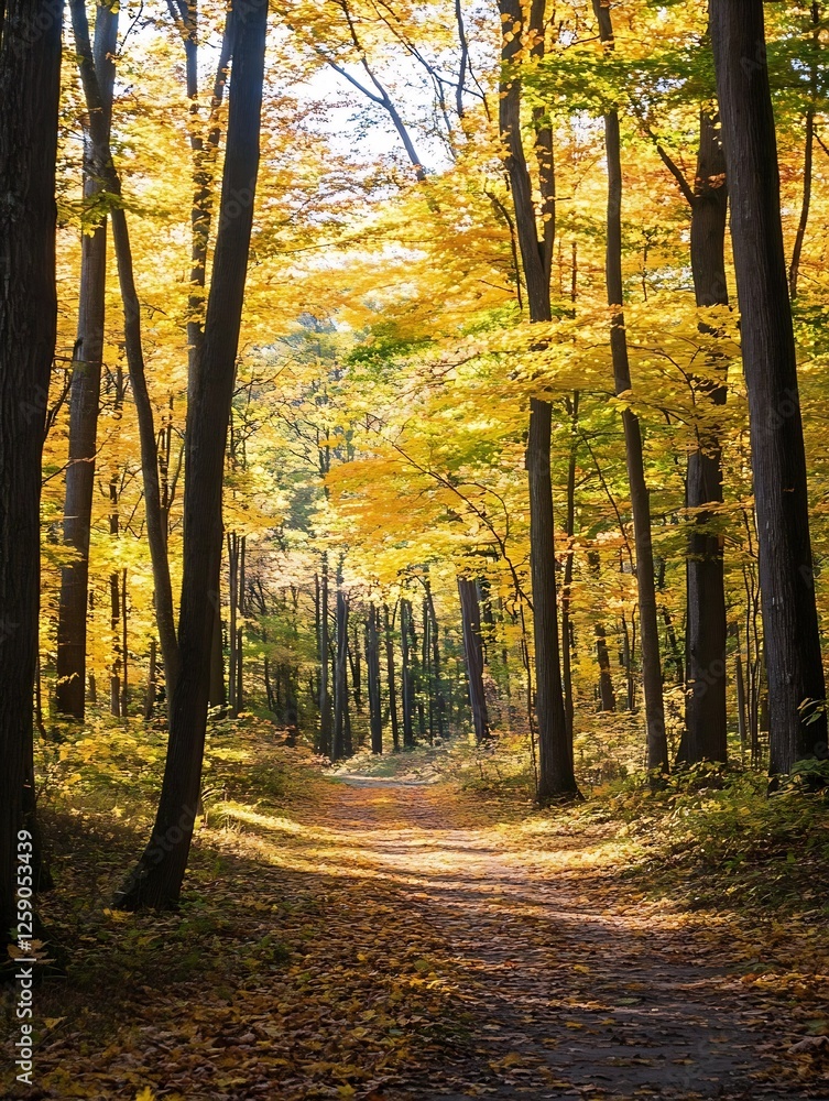 Poster scenic autumn forest pathway with vibrant yellow leaves and sunlight beaming through trees : generat