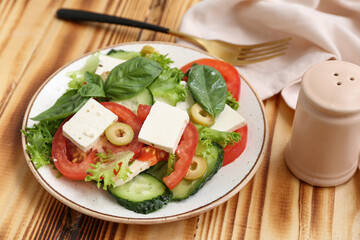 Plate with healthy vegetable salad, napkin, fork and pepper shaker on wooden background