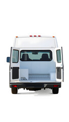 White clean delivery van small truck rear view isolated. Cargo short-base minibus. Transparent PNG image, pixel art. with white shades