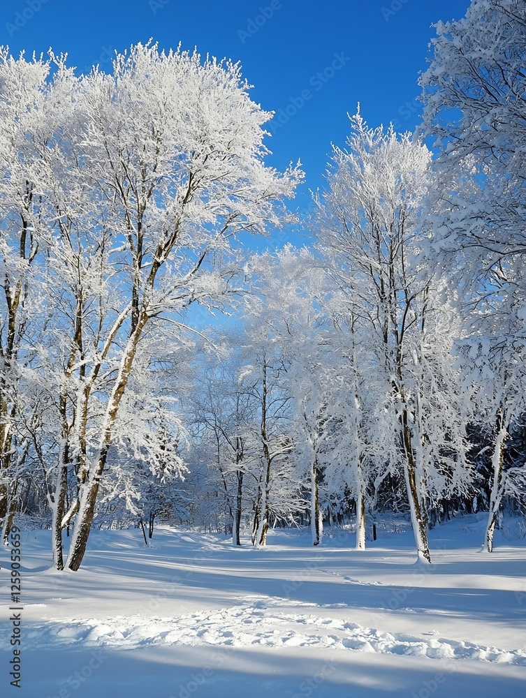 Poster serene winter landscape with snow-covered trees and a blue sky creating a peaceful atmosphere : gene