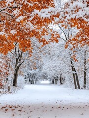 Magical winter landscape with snow covered trees and vibrant orange leaves creating serene beauty : Generative AI