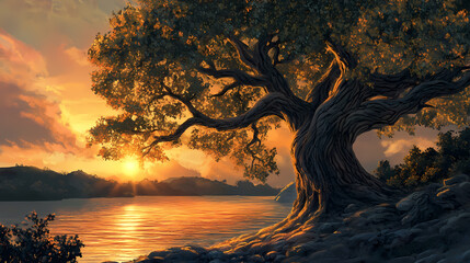 Tree of life - a mighty tree that symbolizes eternal life and growth. Eternal Dusk. Illustration