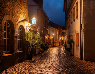 Fototapeta premium A cobblestone street lit by old lanterns in a quaint European town at night.
