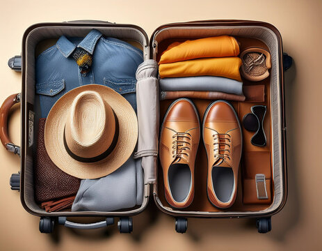 A neatly packed suitcase open with clothes, shoes, and travel accessories arranged inside.