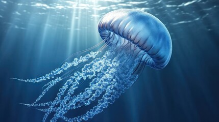 Underwater view of a translucent blue jellyfish.