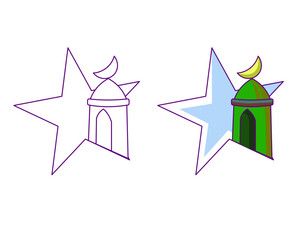 A detailed illustration combining a mosque, crescent moon, & star, symbolizing spiritual faith & Islamic beliefs. A colorful design representing tradition & cultural significance in religious context