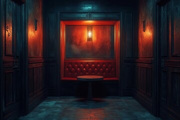 Dark hallway booth, mysterious setting, film noir
