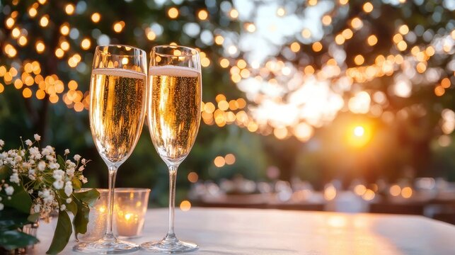 Champagne sunset toast, garden party background