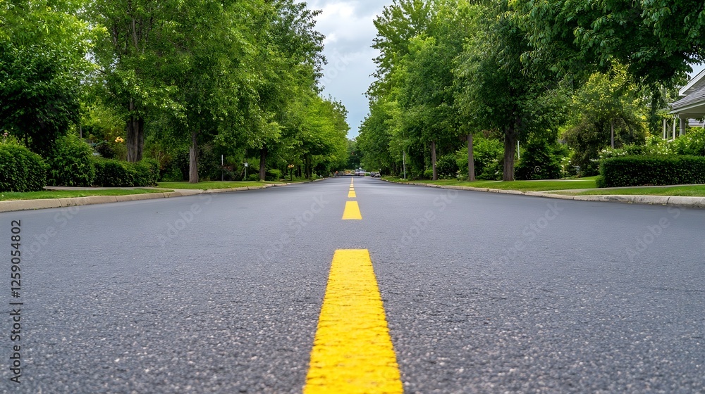 Poster symmetrical view of a quiet suburban street lined with lush green trees and fresh pavement : generat