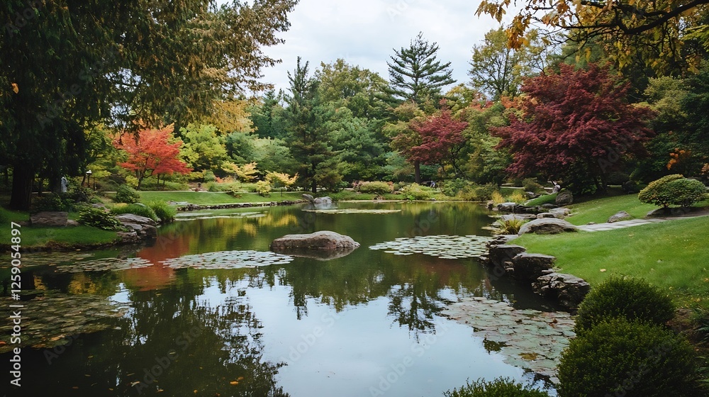 Aufkleber tranquil garden scene with colorful autumn foliage reflecting in a serene pond for peaceful nature :