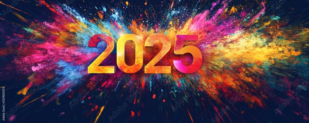 Aufkleber 2025 new year celebration with colorful exploding powder