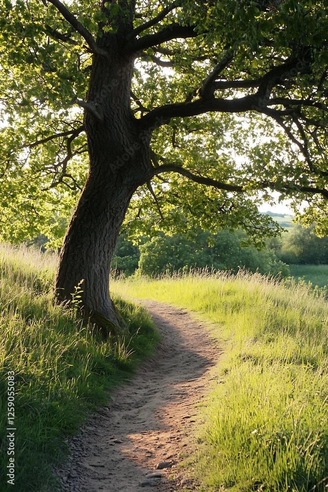 Poster tranquil path winding through lush greenery under a majestic tree in warm sunlight : generative ai