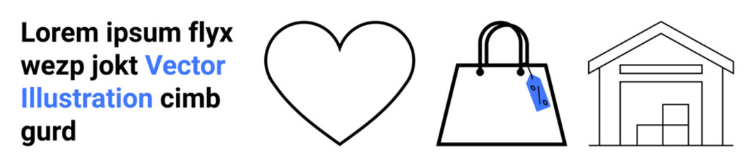 Heart shape, shopping bag with tag, and warehouse icon reflecting love, commerce, and logistics. Ideal for retail, e-commerce, supply chain, customer experience delivery product storage flat