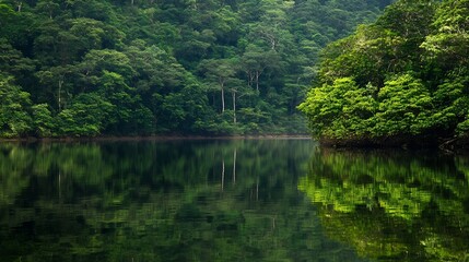 Fototapeta premium Tranquil Forest Reflections in a Peaceful Lake Surrounded by Lush Greenery : Generative AI