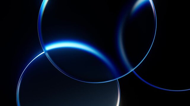 Bright blue abstract background with glass circles animation. Neutral texture with light motion. Simple minimal template with copy space. Seamless loop.