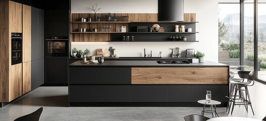 Modern Dark Kitchen with Wood Accents and Outdoor View