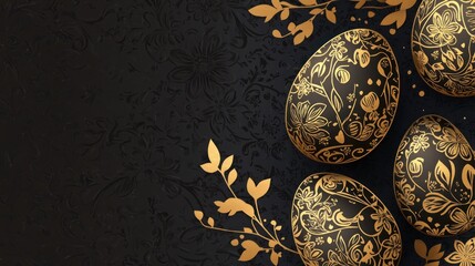 Elegant black Easter eggs with gold floral pattern.