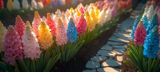 A vibrant display of blooming hyacinths in various hues of pink, yellow, and blue, lining a stone pathway in a bright and cheerful garden setting.