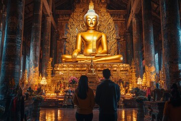 Obraz premium Couple admiring golden Buddha in temple