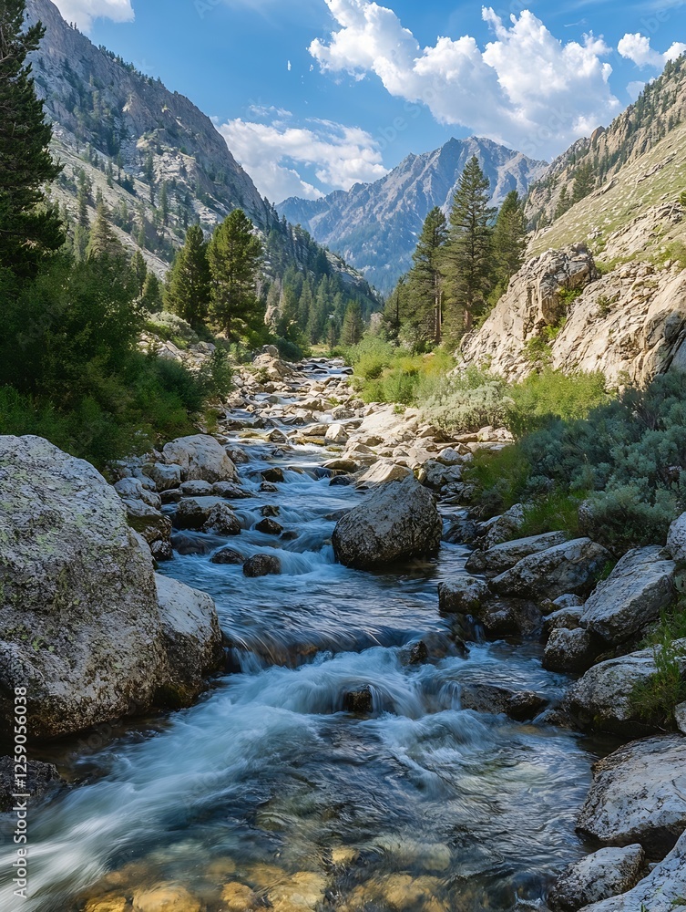 Aufkleber serene mountain stream flowing through rocky landscape with lush greenery : generative ai