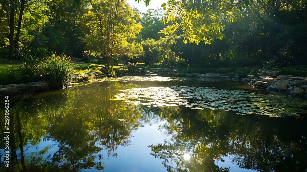 Poster tranquil lake surrounded by lush greenery and sunlight reflections in a natural setting : generative