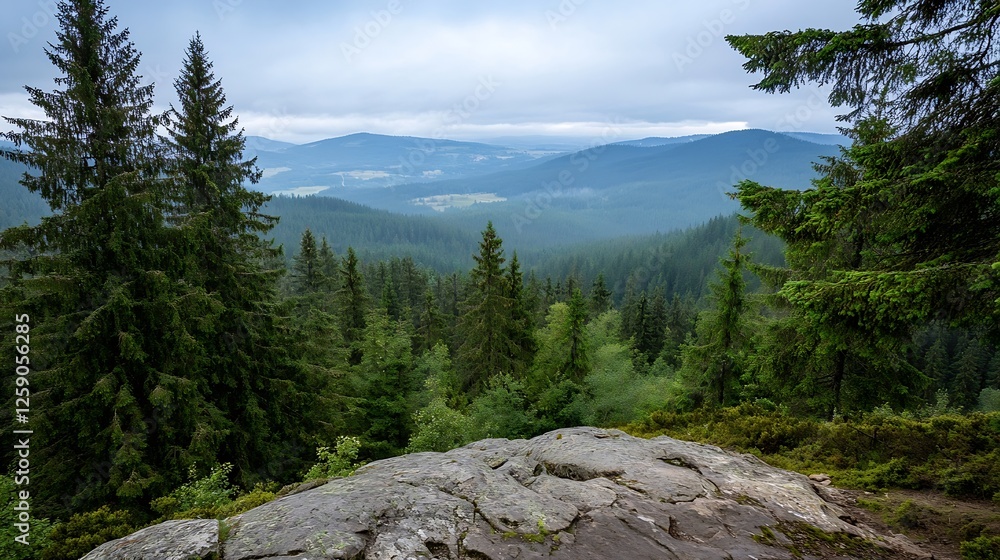 Poster breathtaking panoramic view of lush evergreen forest and rolling mountains in the distance under a c