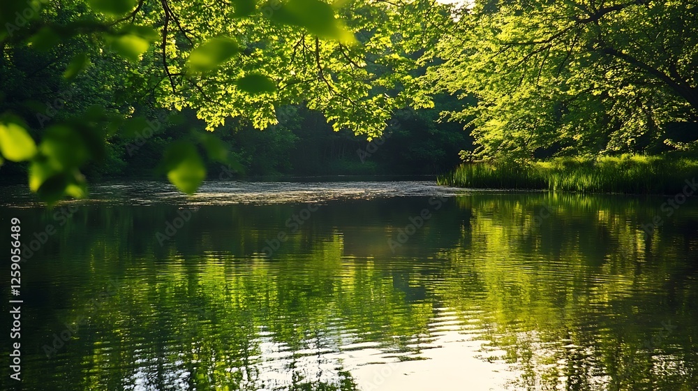 Poster Reflections on a peaceful lake surrounded by lush trees and serene nature creating a tranquil vibe : Generative AI
