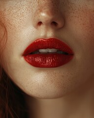 Naklejka premium Close-Up of Lips Painted with Dark Red Lipstick on a Blurred Background