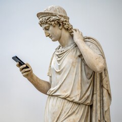 Ancient statue with a modern smartphone in hand against a light background