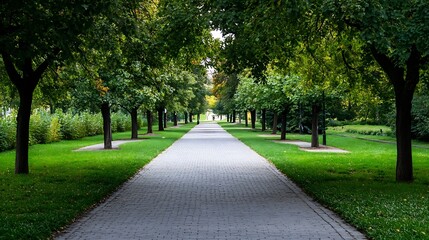 Obraz premium Serene Pathway with Trees Lining a Walkway in a Lush Green Park During Daylight : Generative AI