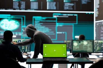 Isolated copy space running on a laptop in high tech agency office, governmental hackers analyzing digital threats on big screens. Working on cybercrime and protection against phishing.
