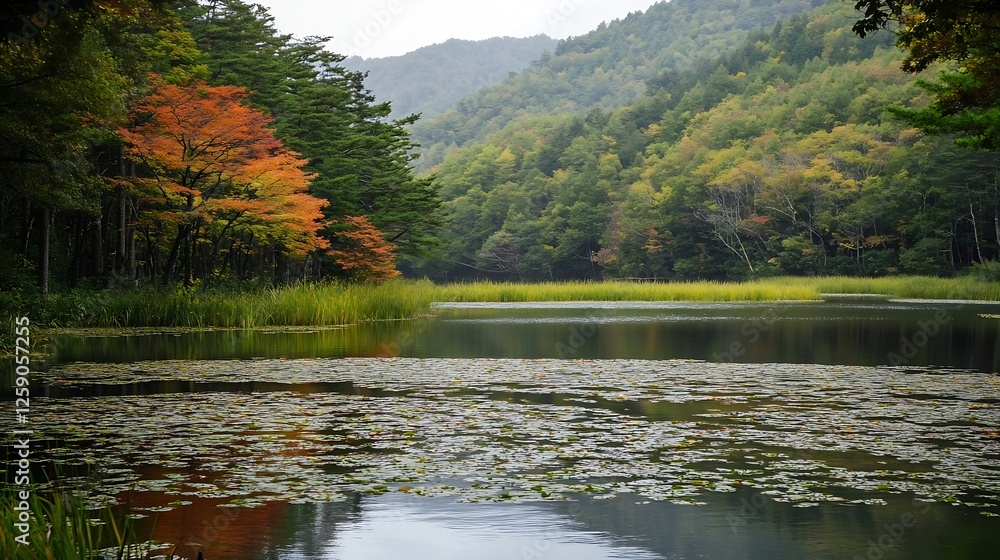 Poster serene autumn landscape with colorful trees reflected in calm lake surrounded by mountains : generat