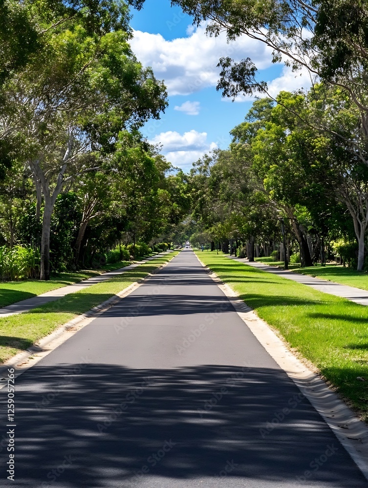 Poster Lush Tree-Lined Boulevard Under a Bright Sky with Fluffy Clouds and Shadows : Generative AI