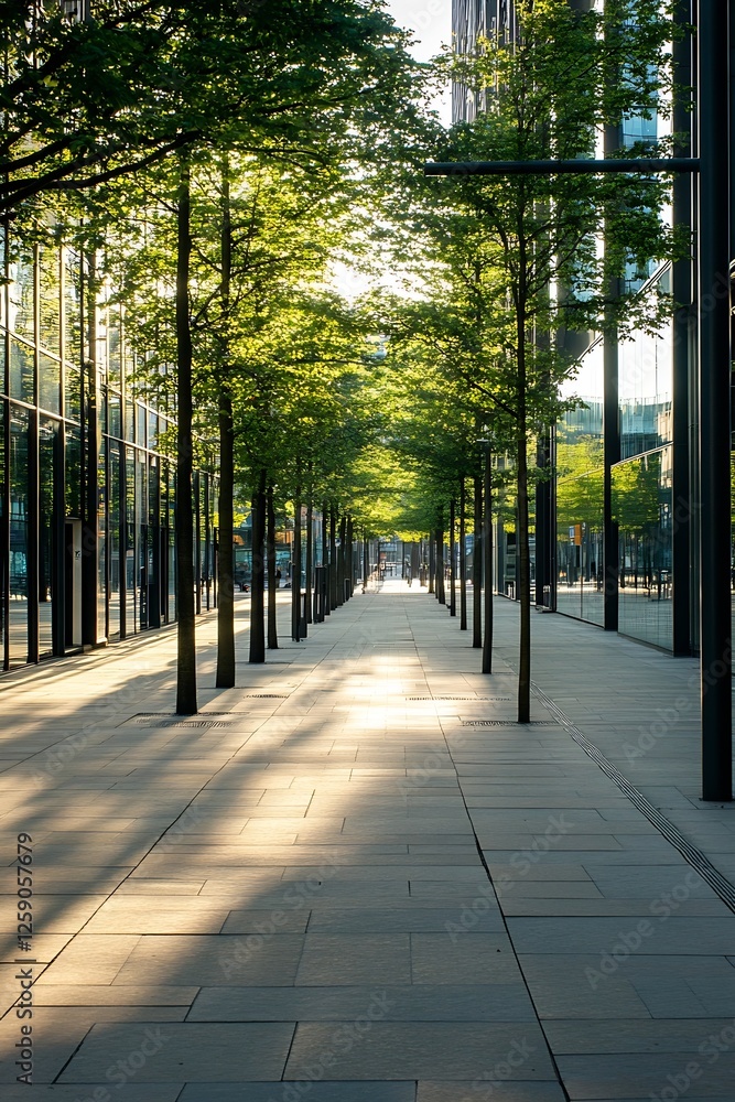 Poster Tree lined walkway in a modern city setting with bright sunlight filtering through branches : Generative AI