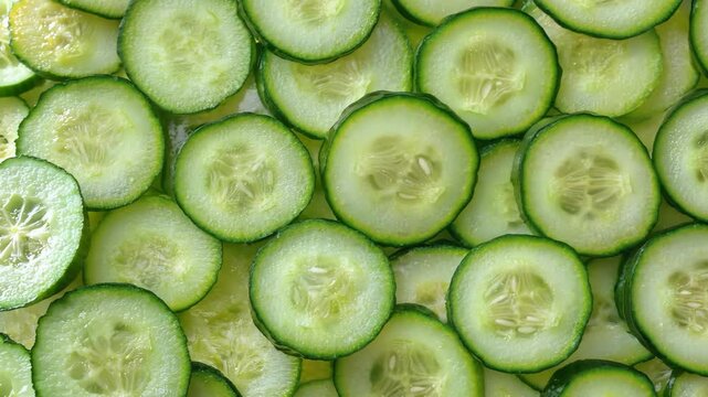 A seamless surface of cucumber slices overlapping in a tight pattern, filling the entire frame with their cool green texture.