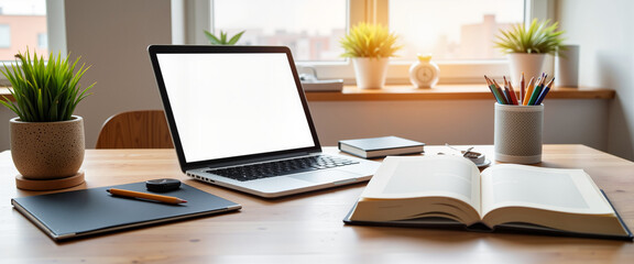 Organized office desk with laptop and books, creative workspace
