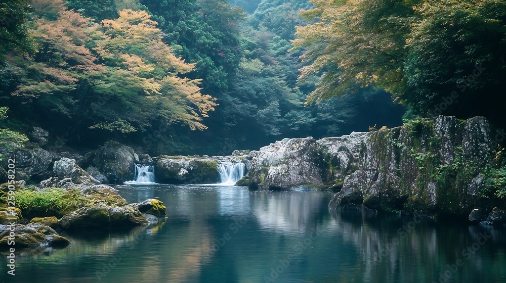 Poster Serene Waterfall in a Tranquil Forest Surrounded by Colorful Autumn Foliage : Generative AI