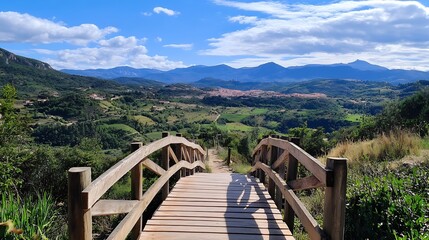 Fototapeta premium Scenic Wooden Footbridge Leading to Majestic Mountain Views and Lush Surroundings : Generative AI