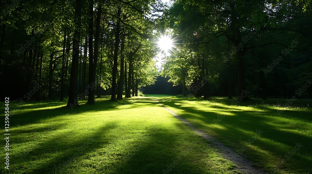 Poster sunlight streaming through lush green trees in a peaceful forest : generative ai